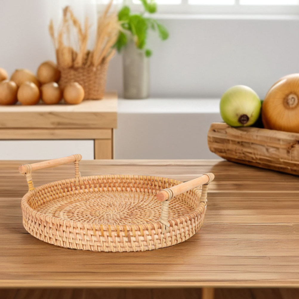 32Cm Round Handmade Rattan Tra - Rattan Tray Handle recension och pris