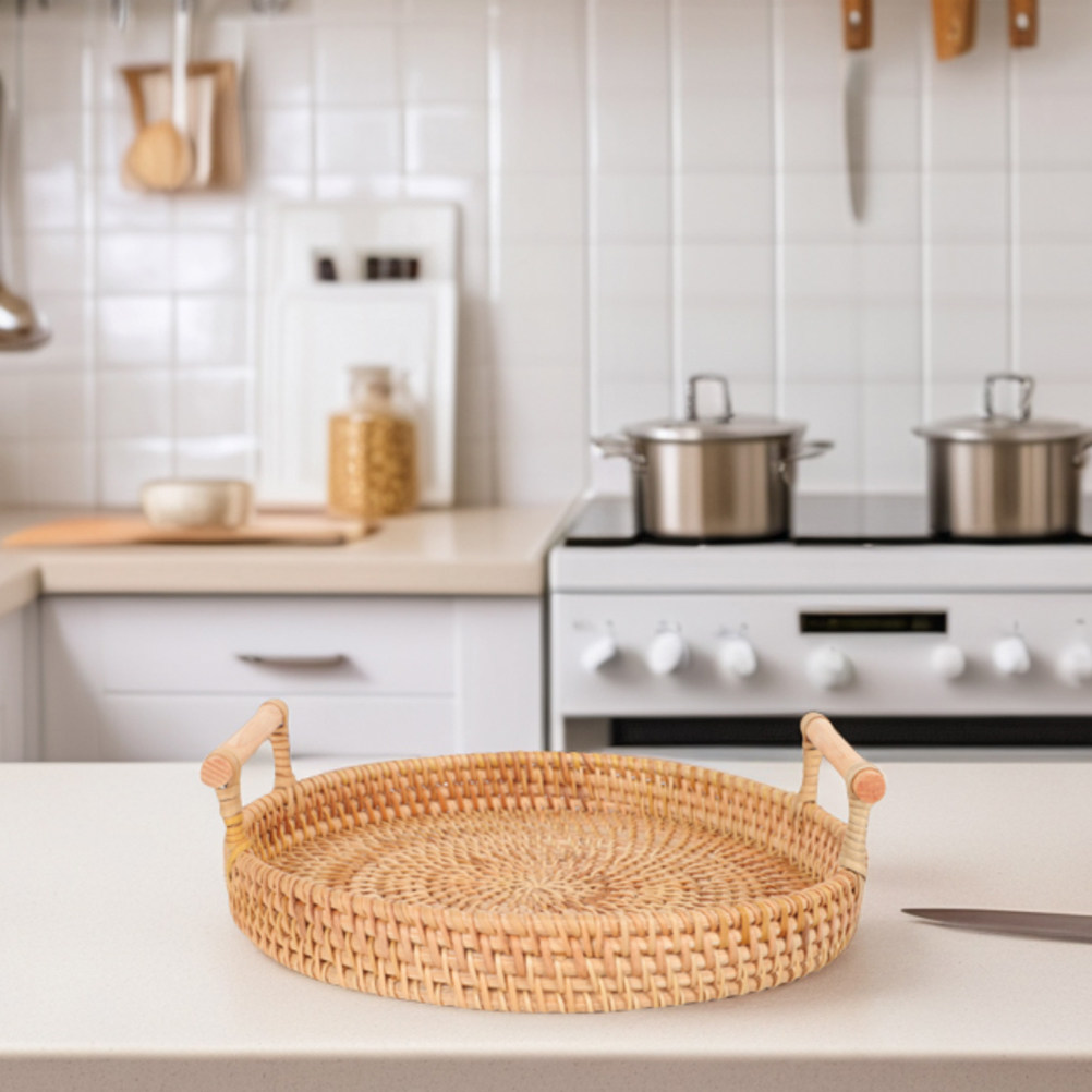 32Cm Round Handmade Rattan Tra - Rattan Tray Handle recension och pris