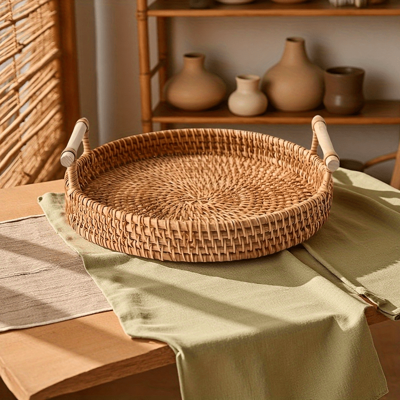 Handmade Rattan Round Tray wit - Rattan Tray Handle recension och pris